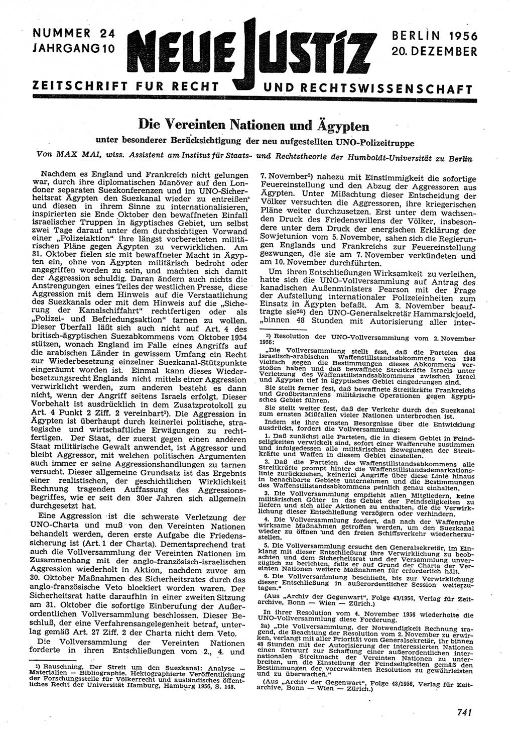 Neue Justiz (NJ), Zeitschrift für Recht und Rechtswissenschaft [Deutsche Demokratische Republik (DDR)], 10. Jahrgang 1956, Seite 741 (NJ DDR 1956, S. 741)