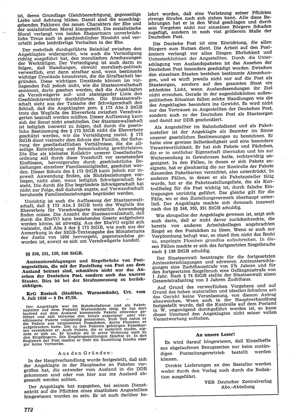 Neue Justiz (NJ), Zeitschrift für Recht und Rechtswissenschaft [Deutsche Demokratische Republik (DDR)], 10. Jahrgang 1956, Seite 772 (NJ DDR 1956, S. 772)