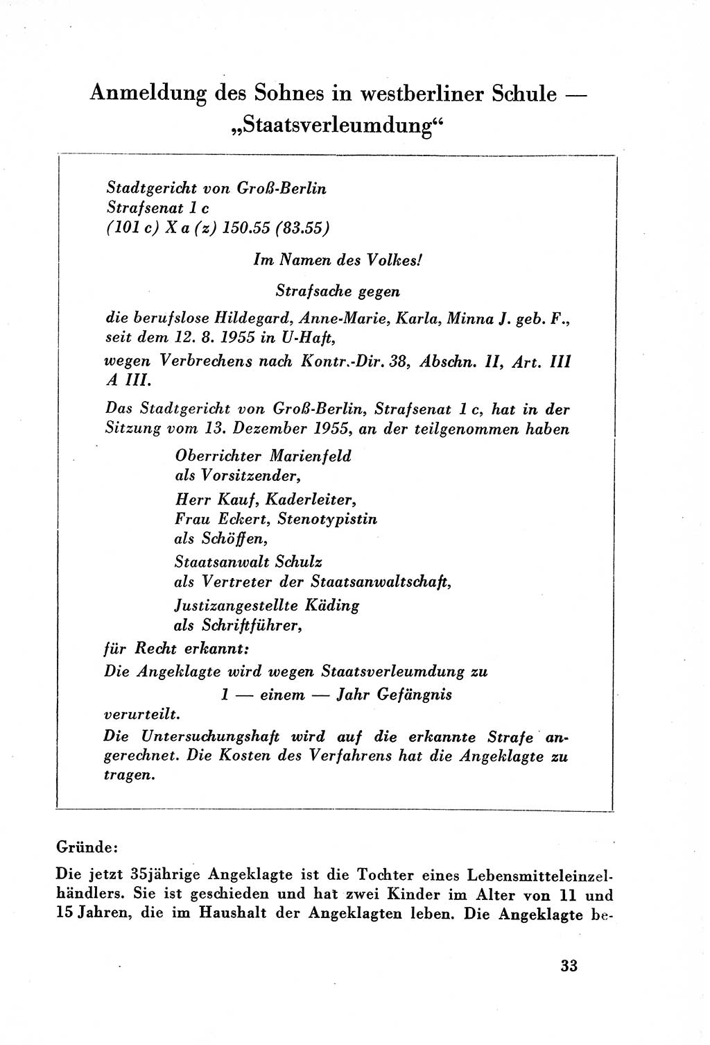 Dokumente des Unrechts, das SED-Regime [Deutsche Demokratische Republik (DDR)] in der Praxis, Bundesministerium für gesamtdeutsche Fragen (BMG) [Bundesrepublik Deutschland (BRD)] 1957, Seite 33 (Dok. UnR. SED-Reg. DDR BMG BRD 1957, S. 33)