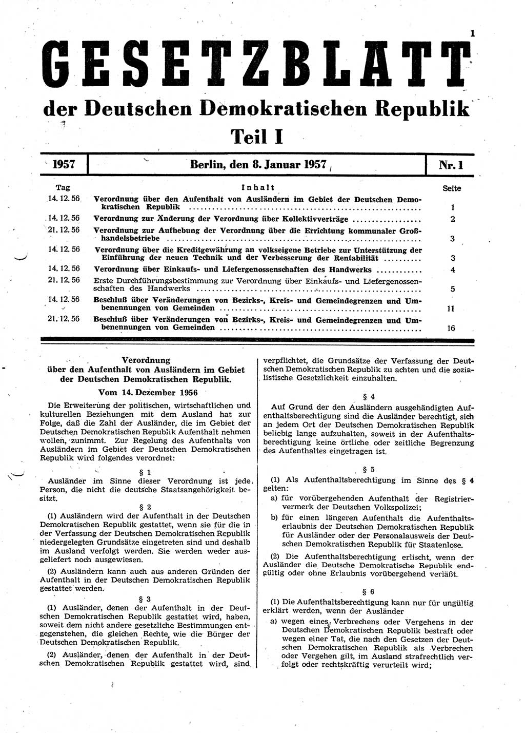 Gesetzblatt (GBl.) der Deutschen Demokratischen Republik (DDR) Teil Ⅰ 1957, Seite 1 (GBl. DDR Ⅰ 1957, S. 1)
