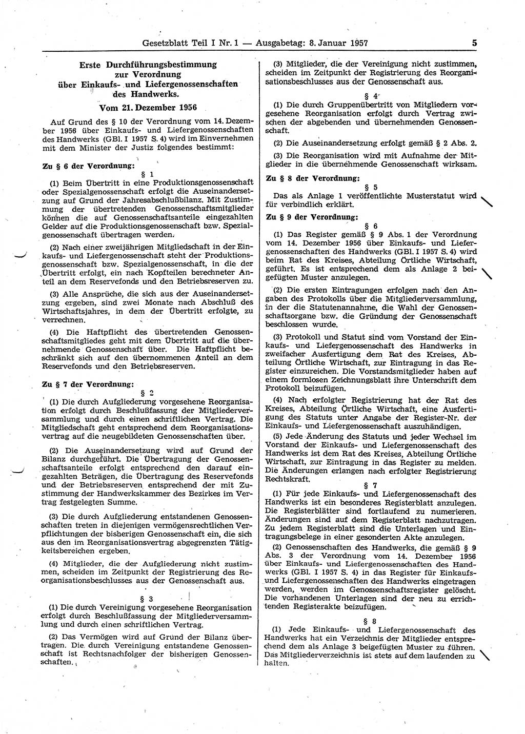 Gesetzblatt (GBl.) der Deutschen Demokratischen Republik (DDR) Teil Ⅰ 1957, Seite 5 (GBl. DDR Ⅰ 1957, S. 5)