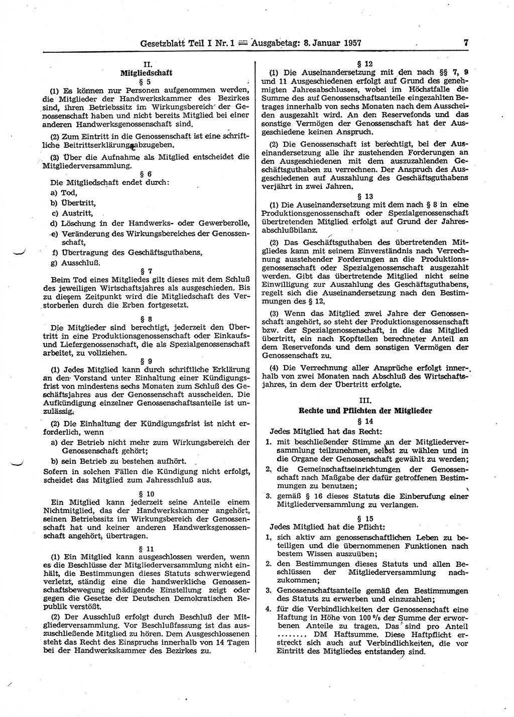 Gesetzblatt (GBl.) der Deutschen Demokratischen Republik (DDR) Teil Ⅰ 1957, Seite 7 (GBl. DDR Ⅰ 1957, S. 7)