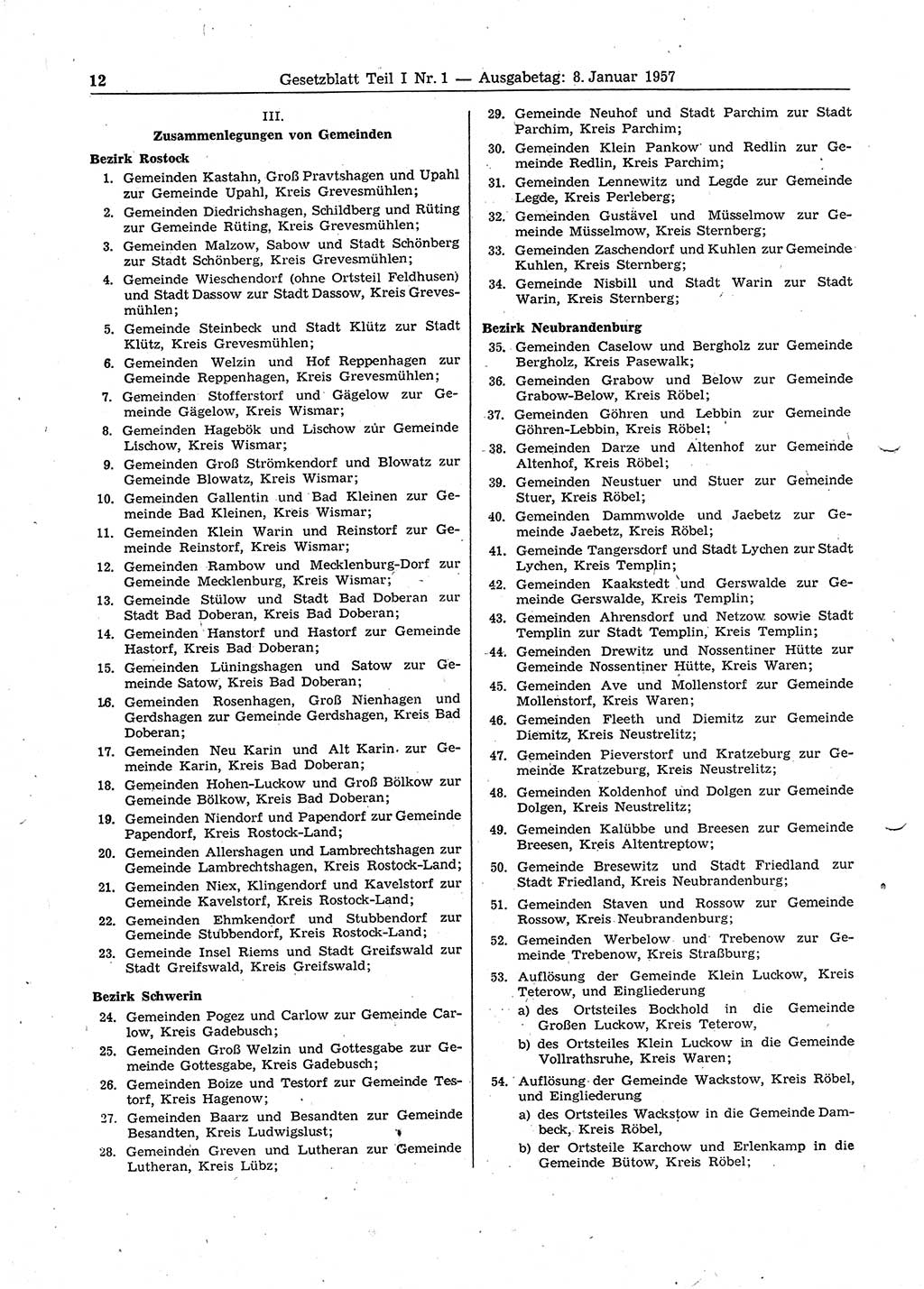 Gesetzblatt (GBl.) der Deutschen Demokratischen Republik (DDR) Teil Ⅰ 1957, Seite 12 (GBl. DDR Ⅰ 1957, S. 12)