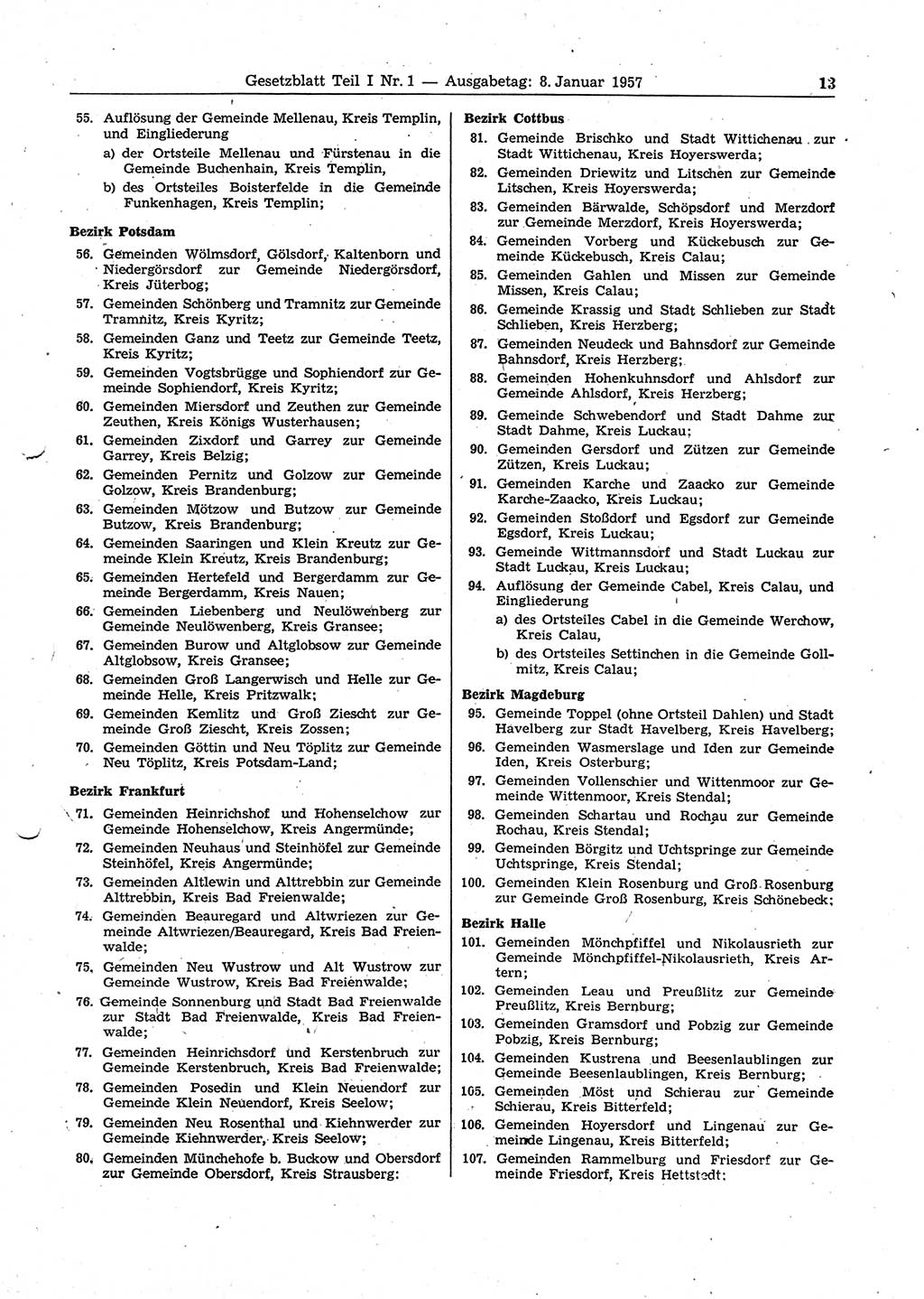 Gesetzblatt (GBl.) der Deutschen Demokratischen Republik (DDR) Teil Ⅰ 1957, Seite 13 (GBl. DDR Ⅰ 1957, S. 13)