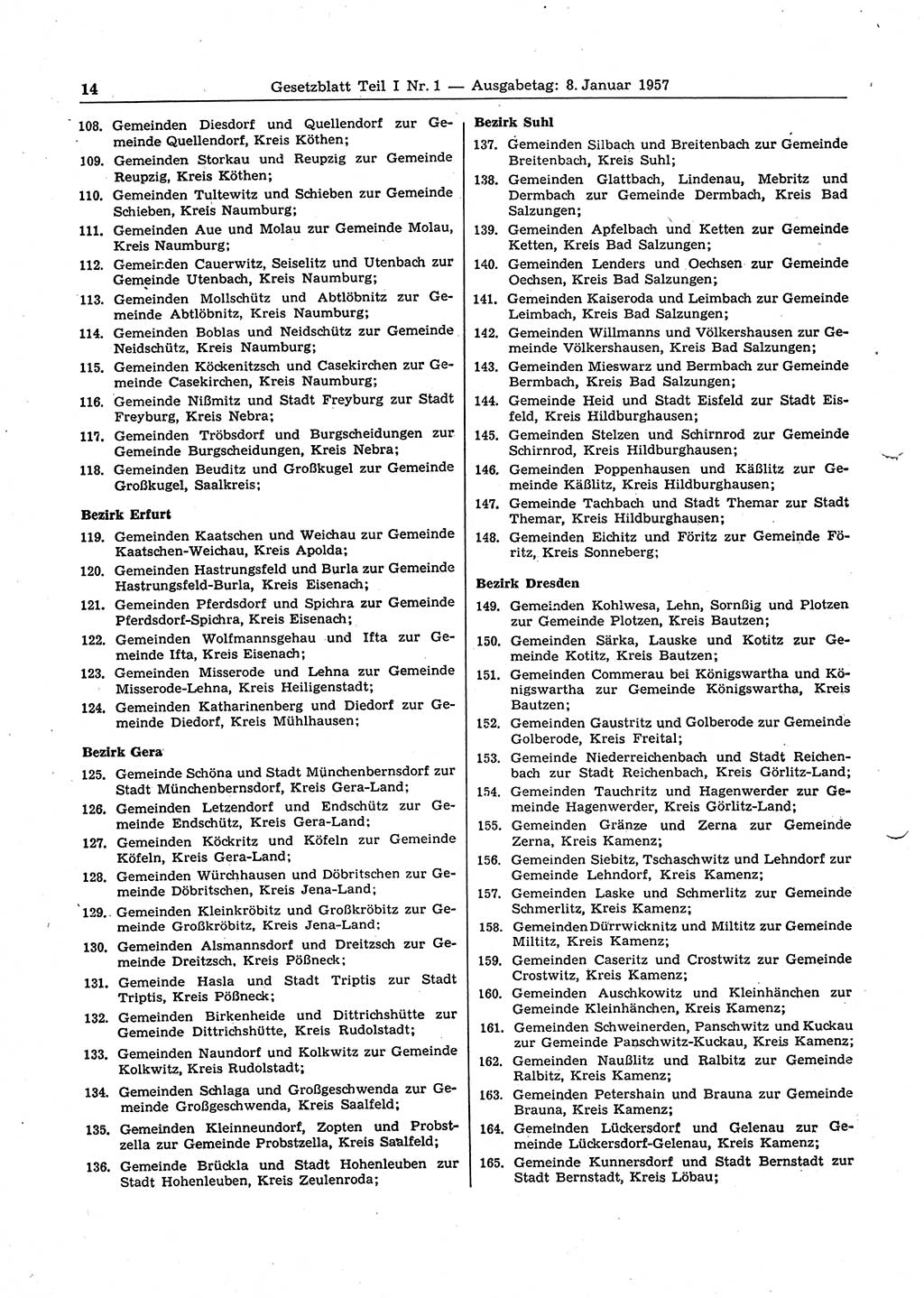 Gesetzblatt (GBl.) der Deutschen Demokratischen Republik (DDR) Teil Ⅰ 1957, Seite 14 (GBl. DDR Ⅰ 1957, S. 14)