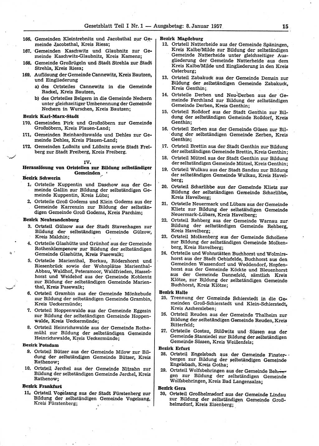 Gesetzblatt (GBl.) der Deutschen Demokratischen Republik (DDR) Teil Ⅰ 1957, Seite 15 (GBl. DDR Ⅰ 1957, S. 15)