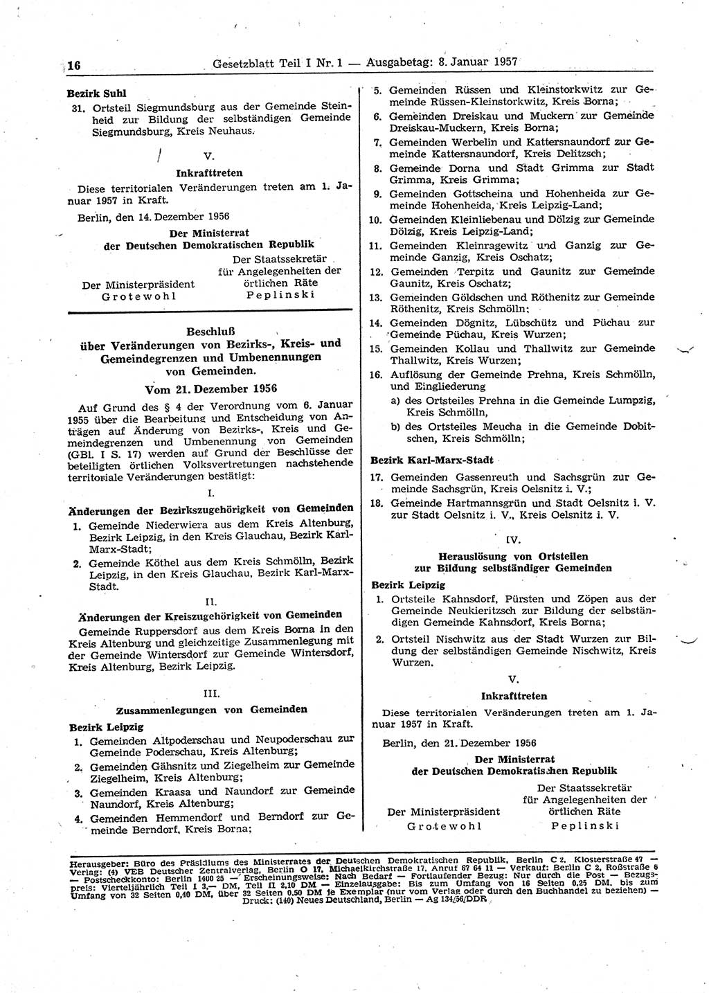 Gesetzblatt (GBl.) der Deutschen Demokratischen Republik (DDR) Teil Ⅰ 1957, Seite 16 (GBl. DDR Ⅰ 1957, S. 16)