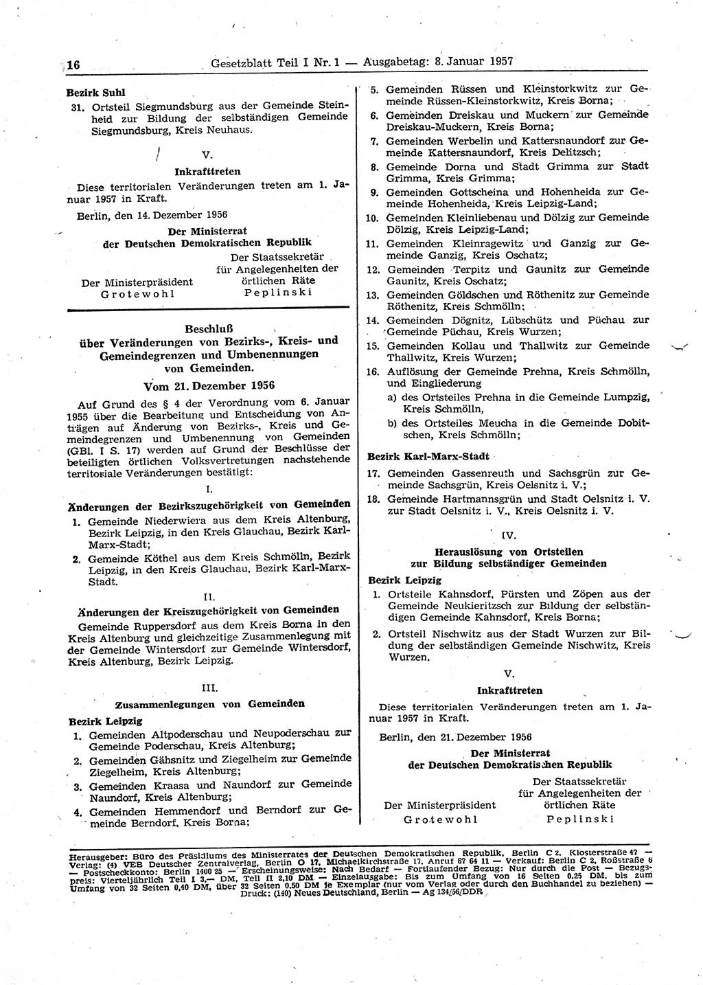 Gesetzblatt (GBl.) der Deutschen Demokratischen Republik (DDR) Teil Ⅰ 1957, Seite 16 (GBl. DDR Ⅰ 1957, S. 16)