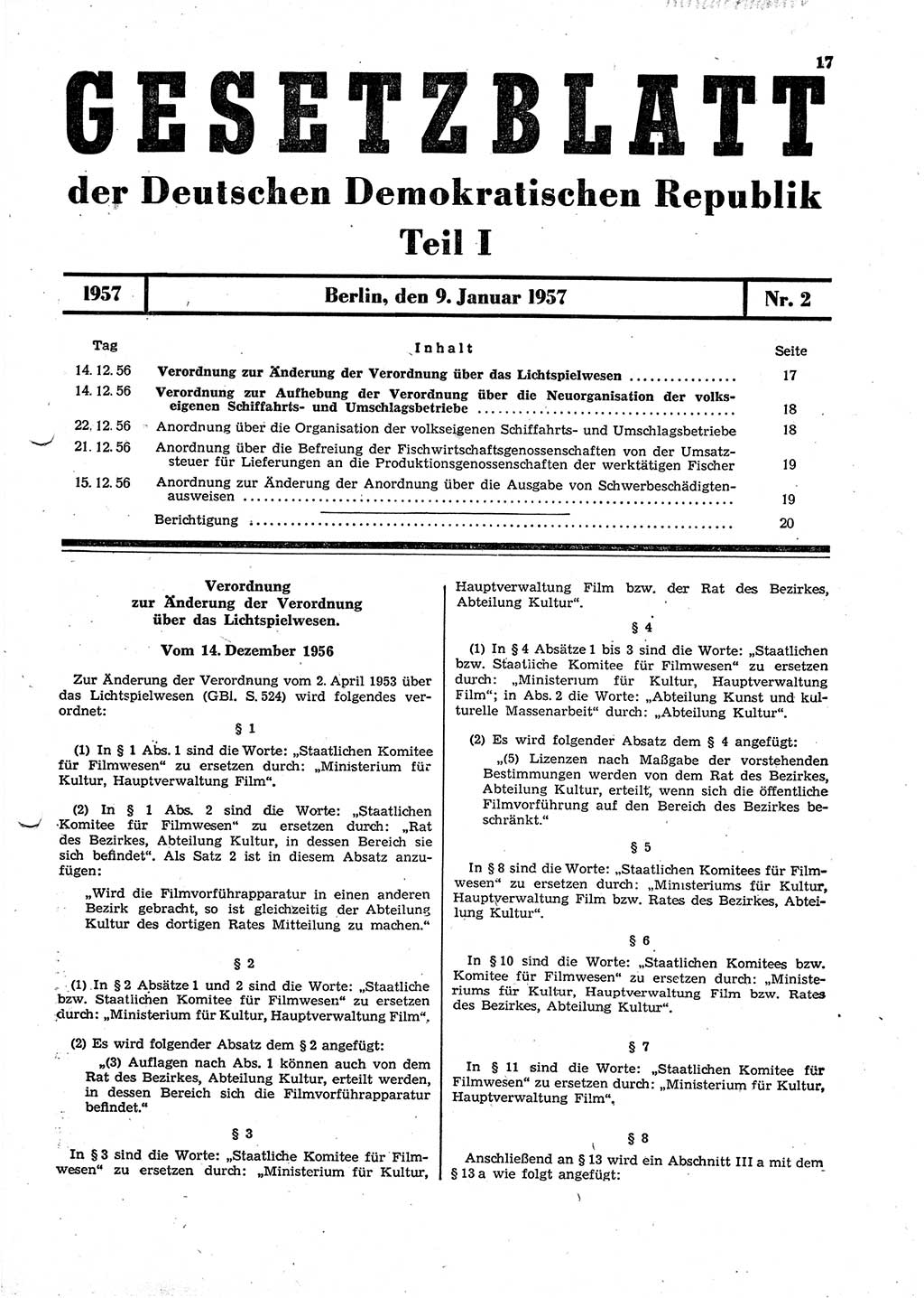 Gesetzblatt (GBl.) der Deutschen Demokratischen Republik (DDR) Teil Ⅰ 1957, Seite 17 (GBl. DDR Ⅰ 1957, S. 17)
