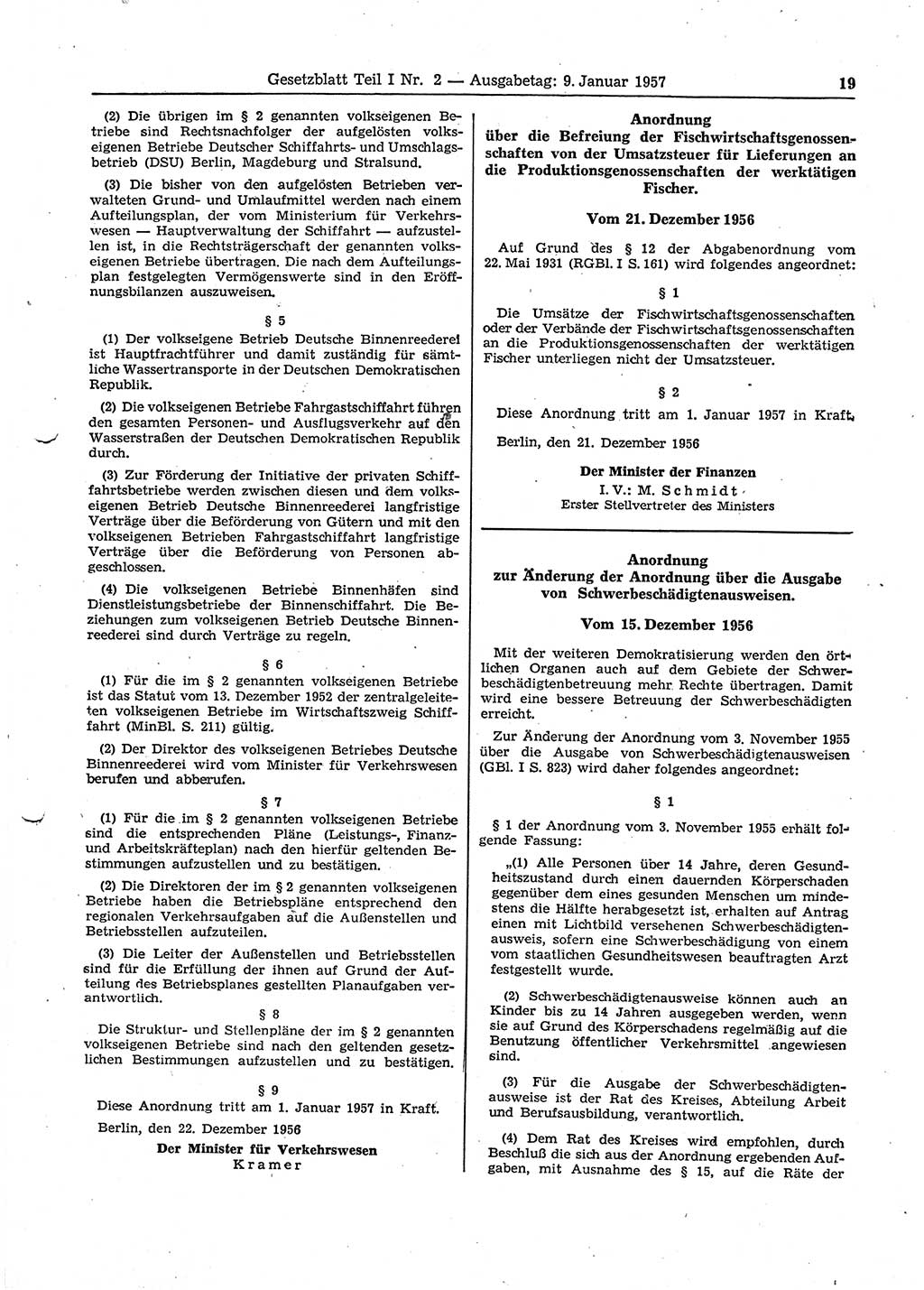 Gesetzblatt (GBl.) der Deutschen Demokratischen Republik (DDR) Teil Ⅰ 1957, Seite 19 (GBl. DDR Ⅰ 1957, S. 19)