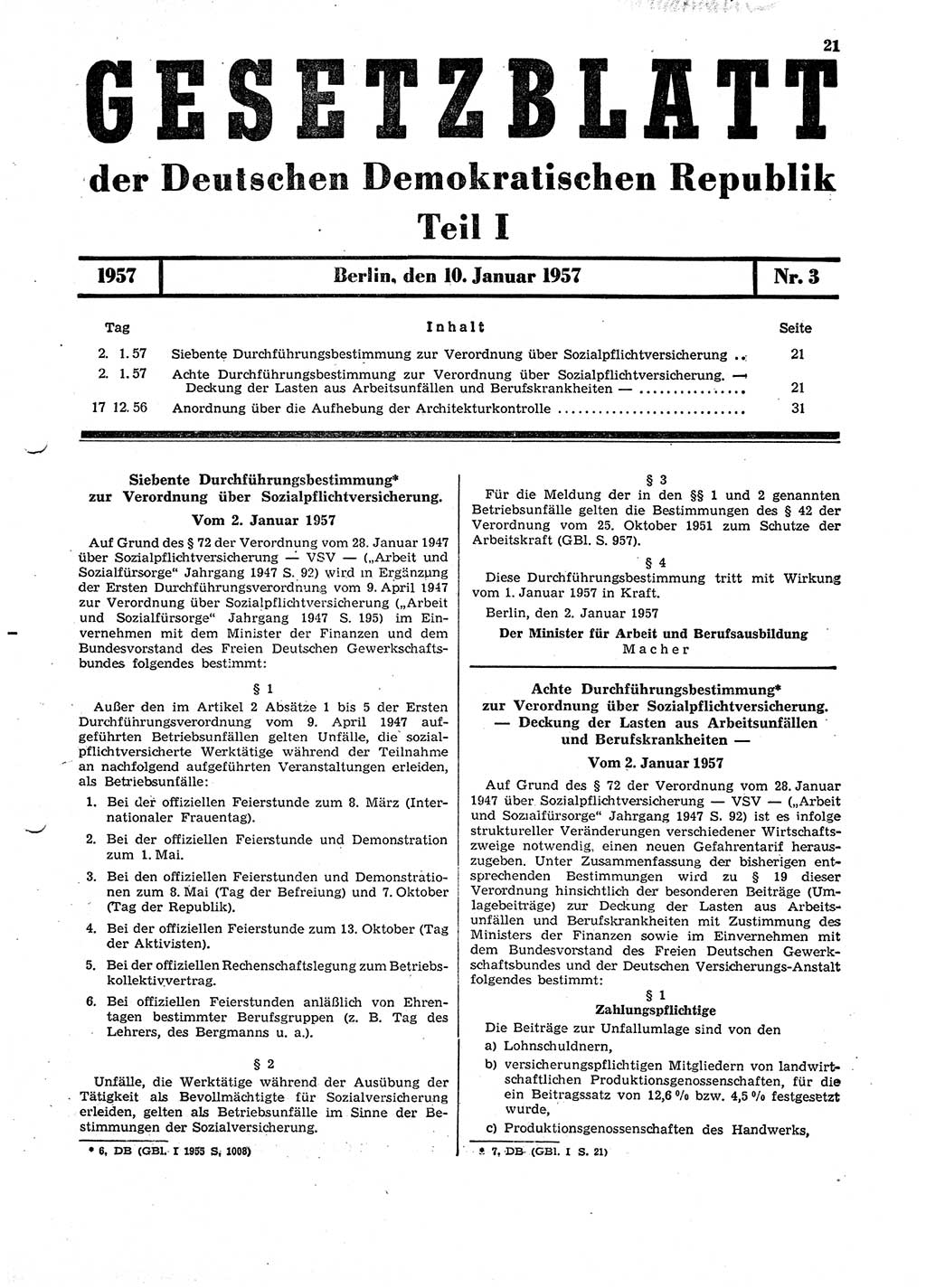 Gesetzblatt (GBl.) der Deutschen Demokratischen Republik (DDR) Teil Ⅰ 1957, Seite 21 (GBl. DDR Ⅰ 1957, S. 21)