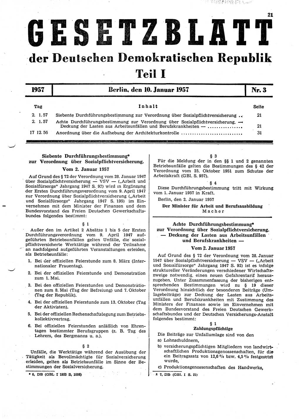 Gesetzblatt (GBl.) der Deutschen Demokratischen Republik (DDR) Teil Ⅰ 1957, Seite 21 (GBl. DDR Ⅰ 1957, S. 21)