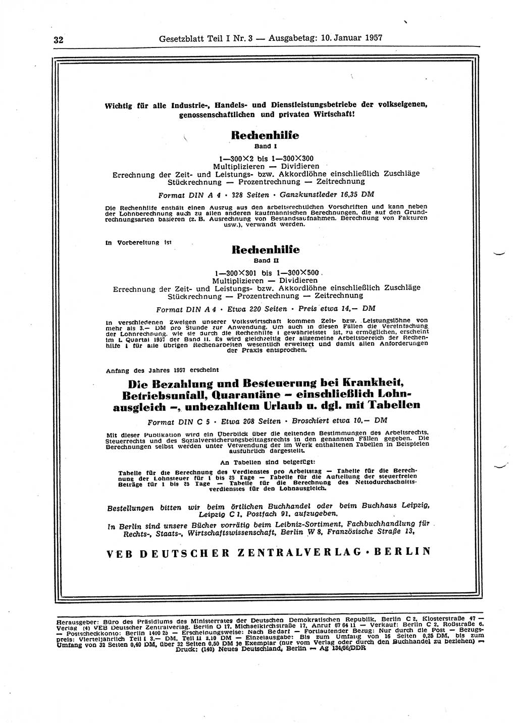Gesetzblatt (GBl.) der Deutschen Demokratischen Republik (DDR) Teil Ⅰ 1957, Seite 32 (GBl. DDR Ⅰ 1957, S. 32)