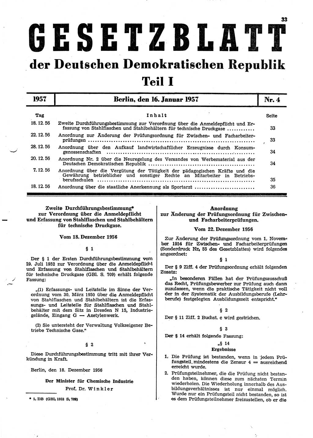 Gesetzblatt (GBl.) der Deutschen Demokratischen Republik (DDR) Teil Ⅰ 1957, Seite 33 (GBl. DDR Ⅰ 1957, S. 33)