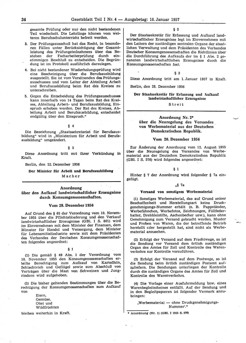 Gesetzblatt (GBl.) der Deutschen Demokratischen Republik (DDR) Teil Ⅰ 1957, Seite 34 (GBl. DDR Ⅰ 1957, S. 34)
