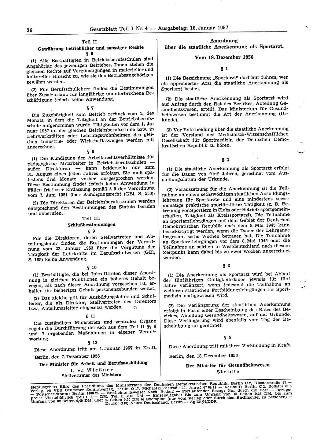 Gesetzblatt (GBl.) der Deutschen Demokratischen Republik (DDR) Teil Ⅰ 1957, Seite 36 (GBl. DDR Ⅰ 1957, S. 36)