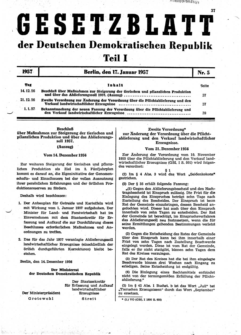 Gesetzblatt (GBl.) der Deutschen Demokratischen Republik (DDR) Teil Ⅰ 1957, Seite 37 (GBl. DDR Ⅰ 1957, S. 37)