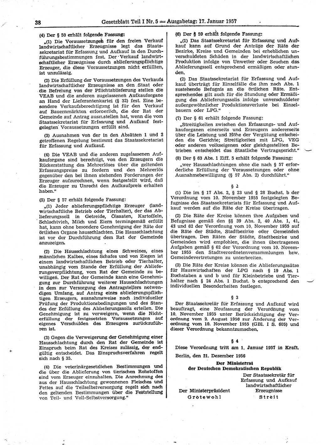 Gesetzblatt (GBl.) der Deutschen Demokratischen Republik (DDR) Teil Ⅰ 1957, Seite 38 (GBl. DDR Ⅰ 1957, S. 38)