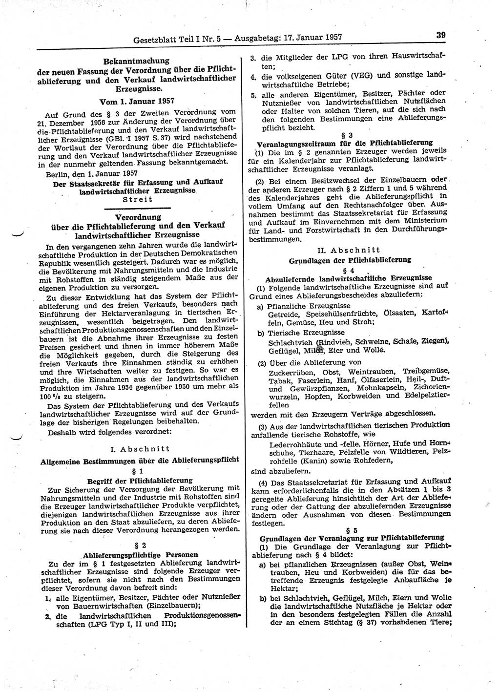 Gesetzblatt (GBl.) der Deutschen Demokratischen Republik (DDR) Teil Ⅰ 1957, Seite 39 (GBl. DDR Ⅰ 1957, S. 39)