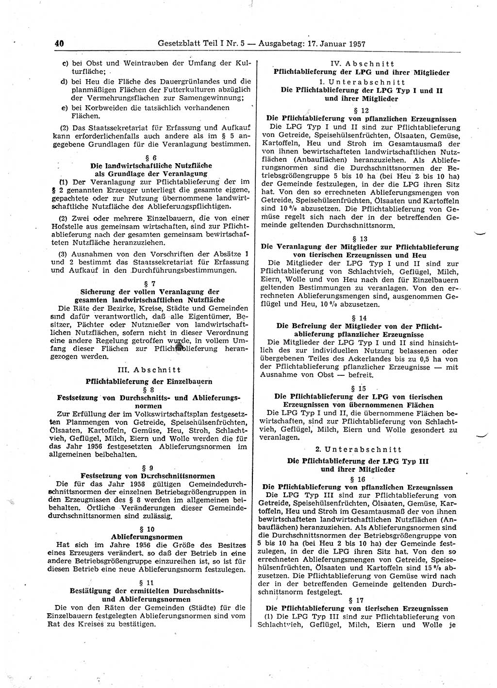 Gesetzblatt (GBl.) der Deutschen Demokratischen Republik (DDR) Teil Ⅰ 1957, Seite 40 (GBl. DDR Ⅰ 1957, S. 40)
