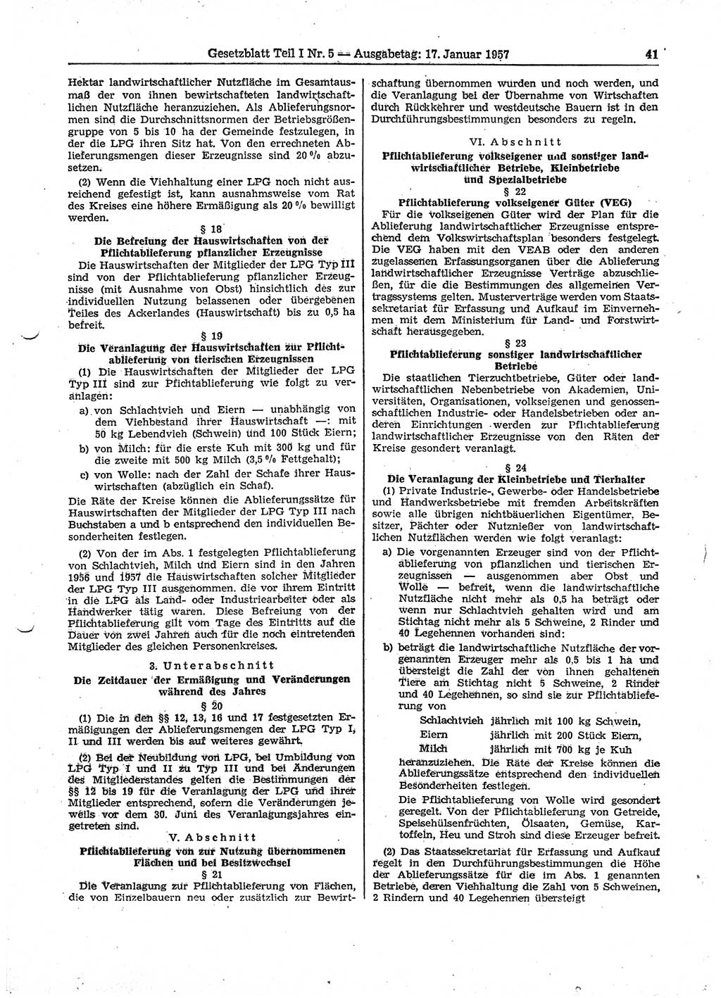 Gesetzblatt (GBl.) der Deutschen Demokratischen Republik (DDR) Teil Ⅰ 1957, Seite 41 (GBl. DDR Ⅰ 1957, S. 41)