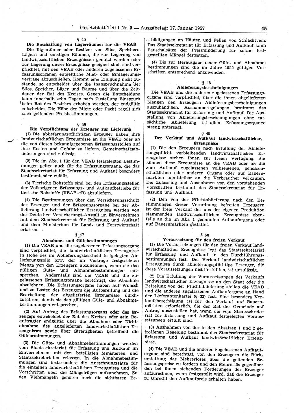 Gesetzblatt (GBl.) der Deutschen Demokratischen Republik (DDR) Teil Ⅰ 1957, Seite 45 (GBl. DDR Ⅰ 1957, S. 45)