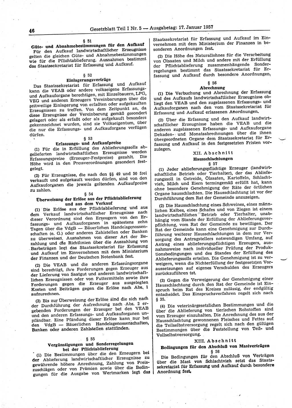 Gesetzblatt (GBl.) der Deutschen Demokratischen Republik (DDR) Teil Ⅰ 1957, Seite 46 (GBl. DDR Ⅰ 1957, S. 46)