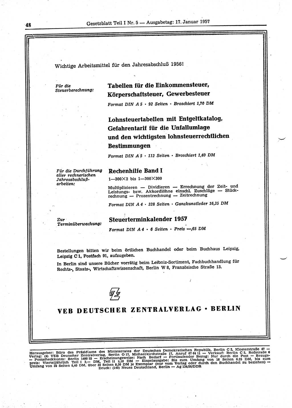 Gesetzblatt (GBl.) der Deutschen Demokratischen Republik (DDR) Teil Ⅰ 1957, Seite 48 (GBl. DDR Ⅰ 1957, S. 48)