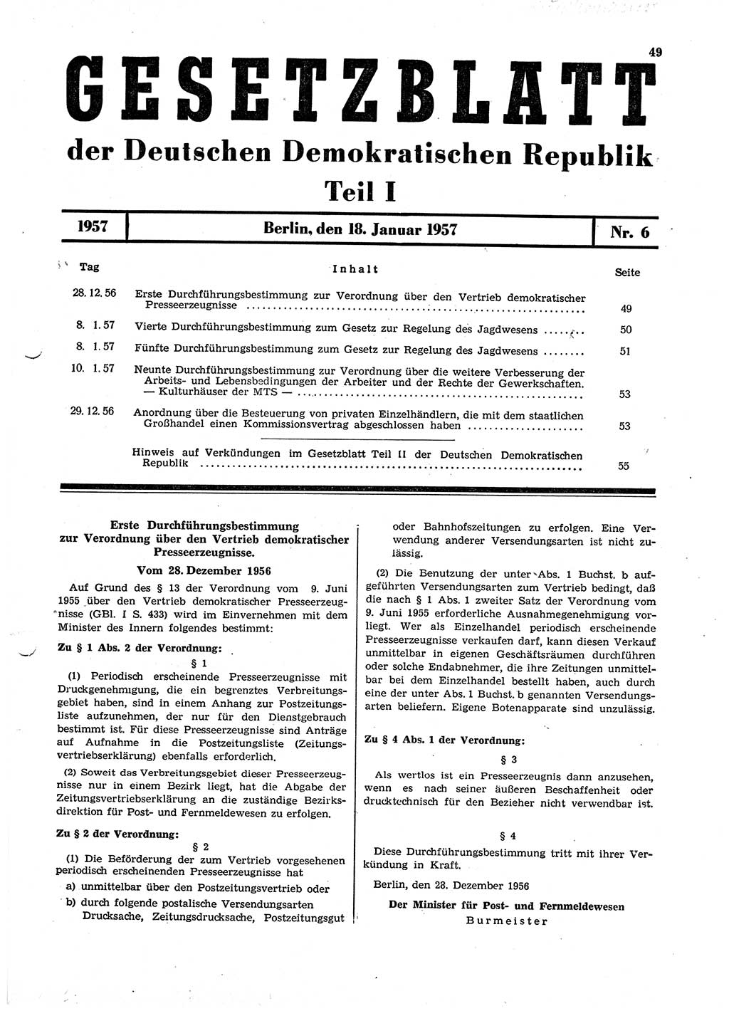 Gesetzblatt (GBl.) der Deutschen Demokratischen Republik (DDR) Teil Ⅰ 1957, Seite 49 (GBl. DDR Ⅰ 1957, S. 49)