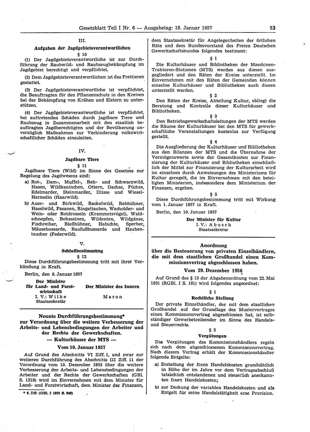 Gesetzblatt (GBl.) der Deutschen Demokratischen Republik (DDR) Teil Ⅰ 1957, Seite 53 (GBl. DDR Ⅰ 1957, S. 53)