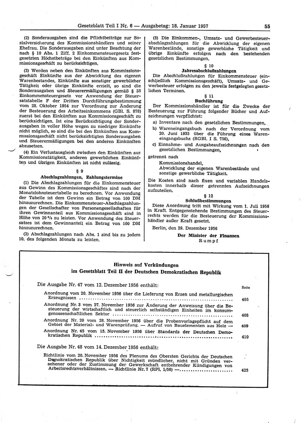 Gesetzblatt (GBl.) der Deutschen Demokratischen Republik (DDR) Teil Ⅰ 1957, Seite 55 (GBl. DDR Ⅰ 1957, S. 55)