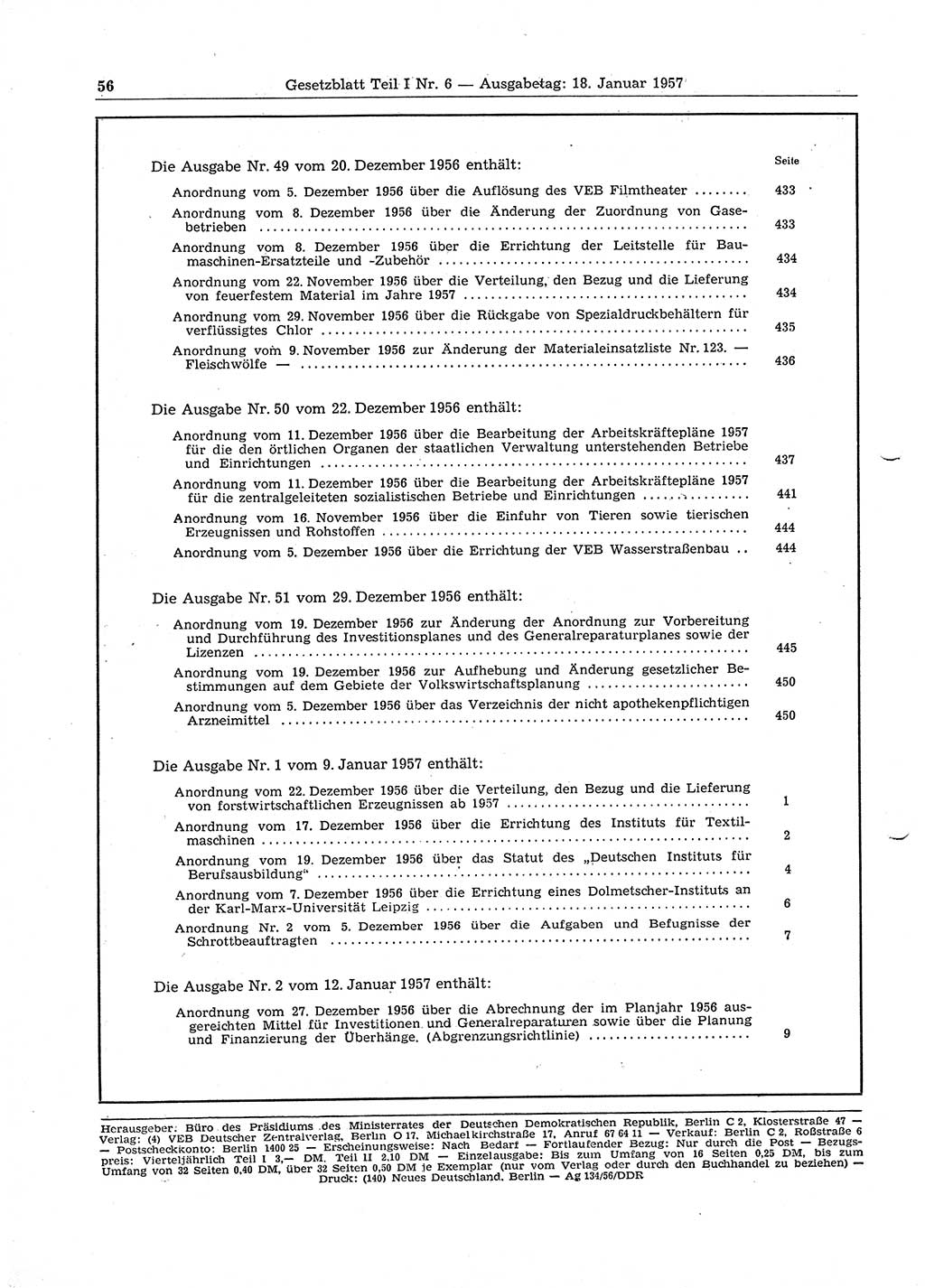 Gesetzblatt (GBl.) der Deutschen Demokratischen Republik (DDR) Teil Ⅰ 1957, Seite 56 (GBl. DDR Ⅰ 1957, S. 56)