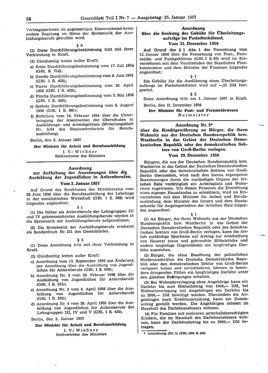 Gesetzblatt (GBl.) der Deutschen Demokratischen Republik (DDR) Teil Ⅰ 1957, Seite 58 (GBl. DDR Ⅰ 1957, S. 58)