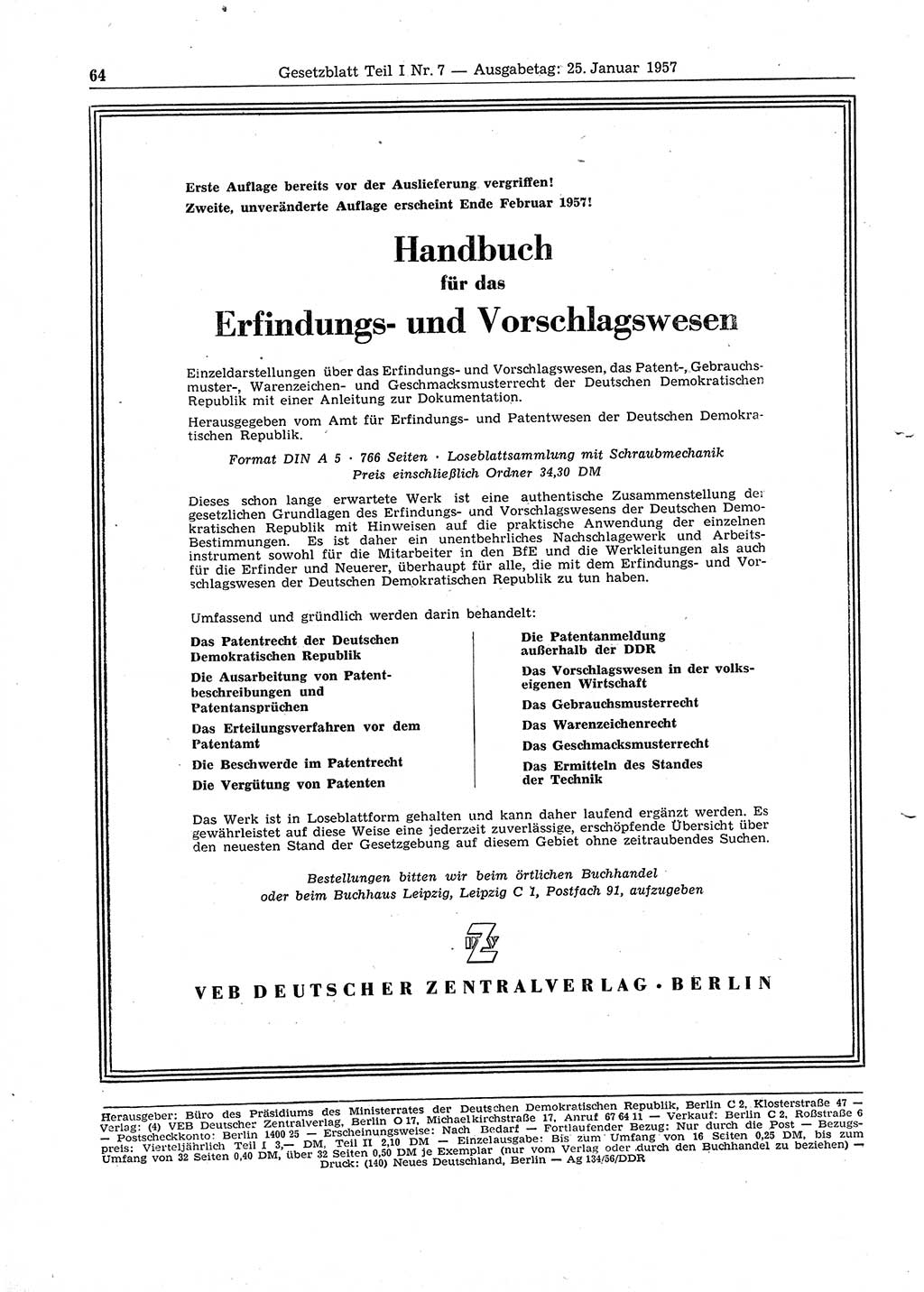 Gesetzblatt (GBl.) der Deutschen Demokratischen Republik (DDR) Teil Ⅰ 1957, Seite 64 (GBl. DDR Ⅰ 1957, S. 64)