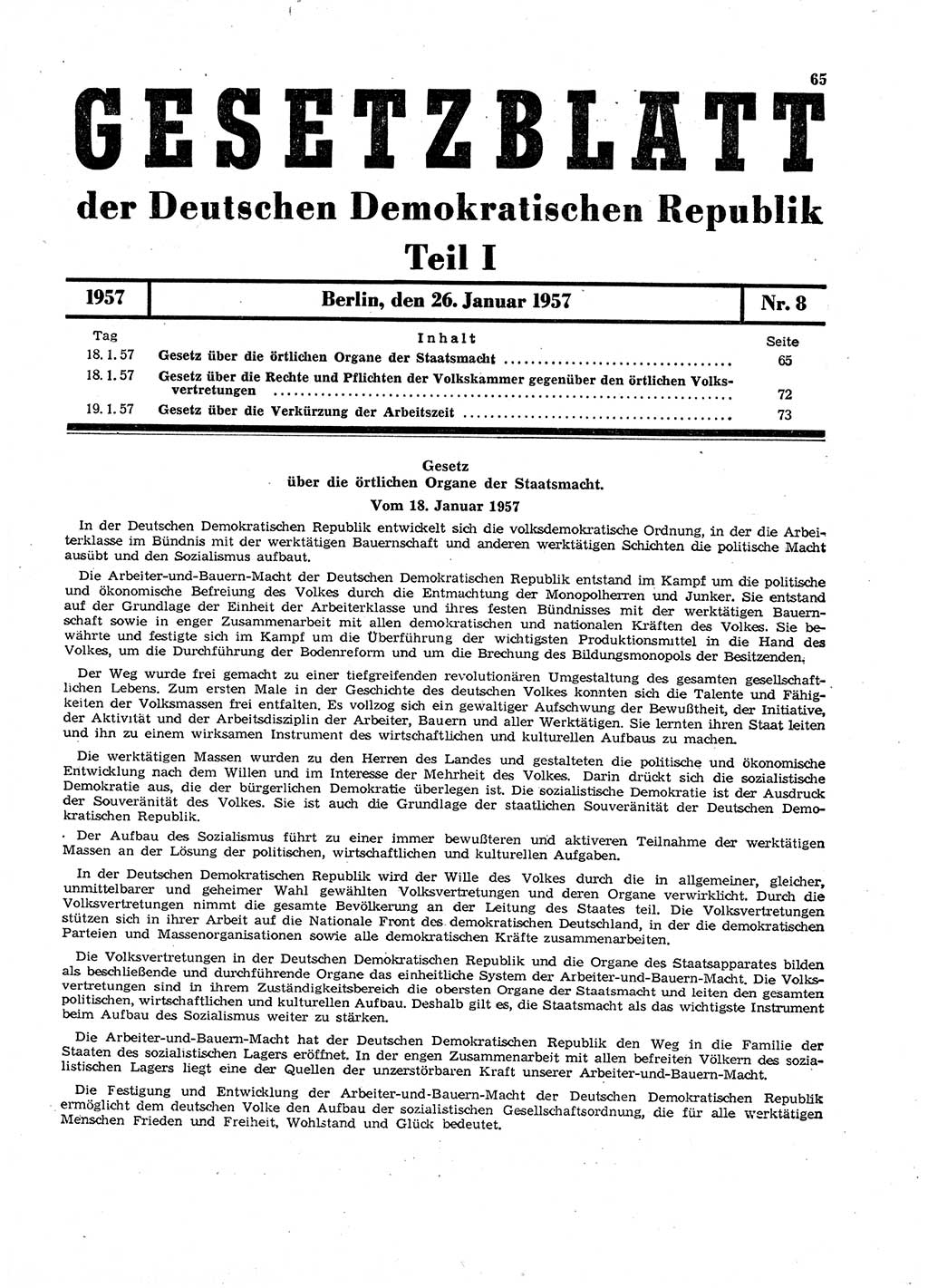 Gesetzblatt (GBl.) der Deutschen Demokratischen Republik (DDR) Teil Ⅰ 1957, Seite 65 (GBl. DDR Ⅰ 1957, S. 65)