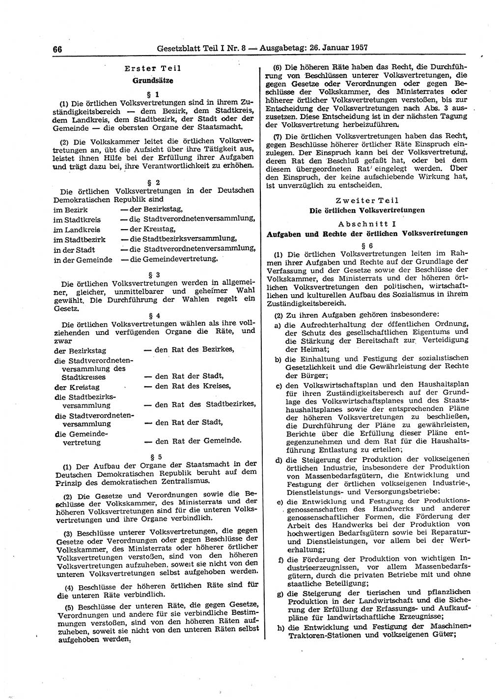Gesetzblatt (GBl.) der Deutschen Demokratischen Republik (DDR) Teil Ⅰ 1957, Seite 66 (GBl. DDR Ⅰ 1957, S. 66)