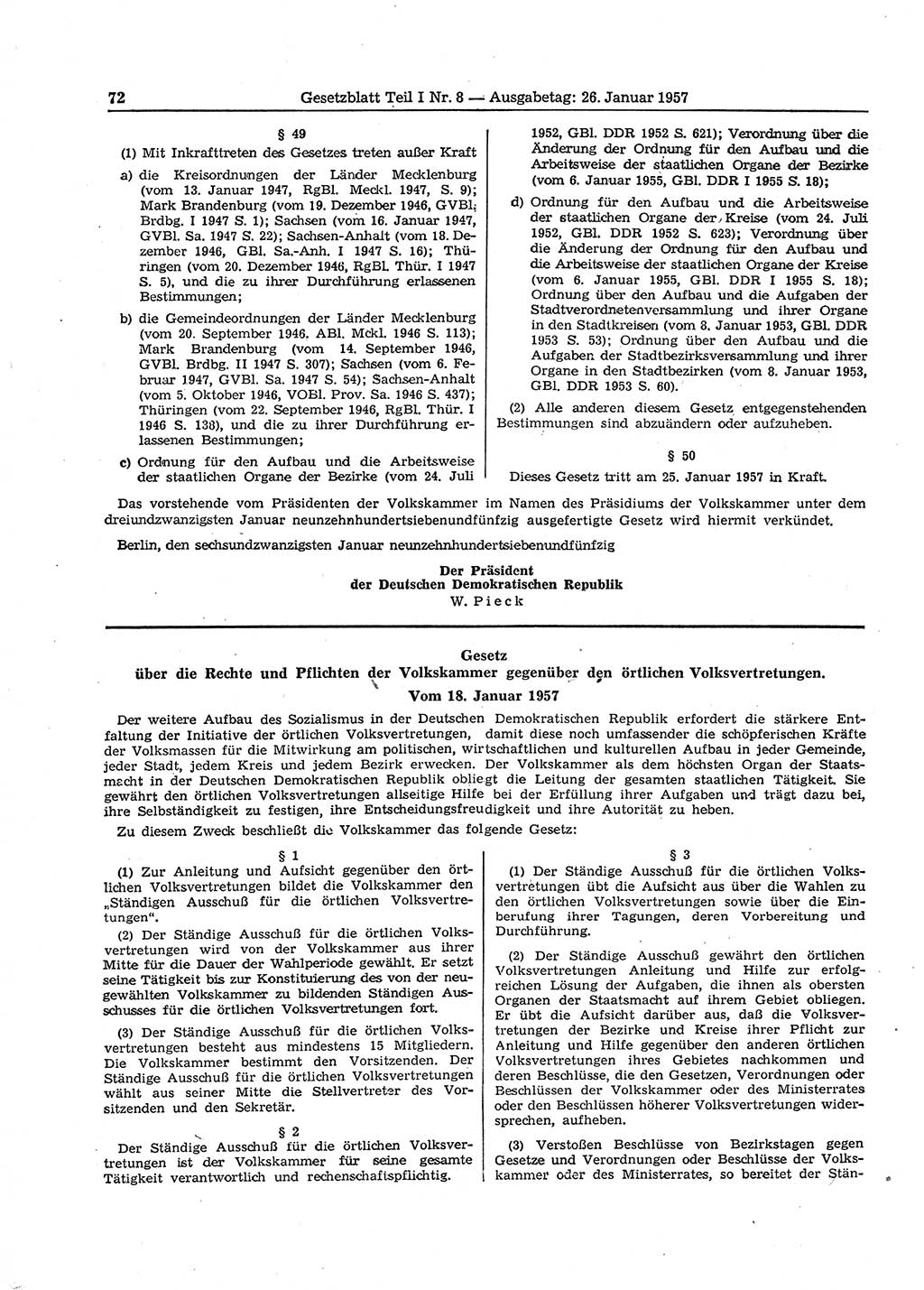Gesetzblatt (GBl.) der Deutschen Demokratischen Republik (DDR) Teil Ⅰ 1957, Seite 72 (GBl. DDR Ⅰ 1957, S. 72)