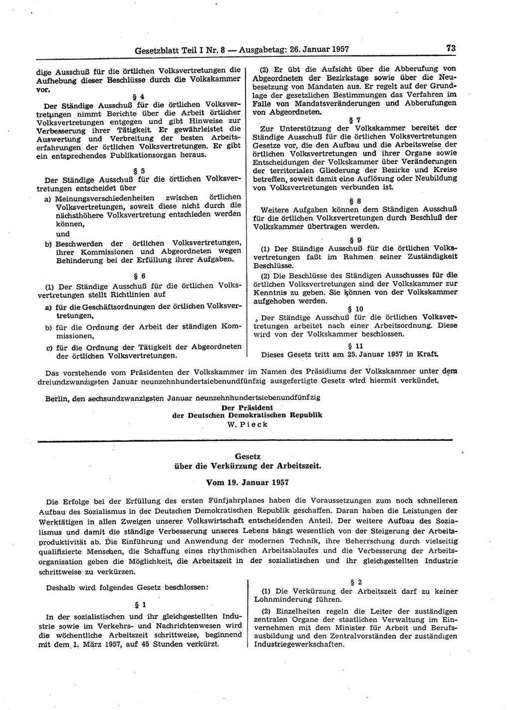 Gesetzblatt (GBl.) der Deutschen Demokratischen Republik (DDR) Teil Ⅰ 1957, Seite 73 (GBl. DDR Ⅰ 1957, S. 73)