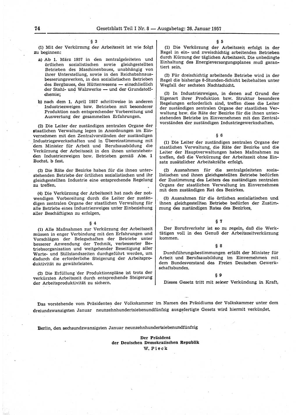 Gesetzblatt (GBl.) der Deutschen Demokratischen Republik (DDR) Teil Ⅰ 1957, Seite 74 (GBl. DDR Ⅰ 1957, S. 74)