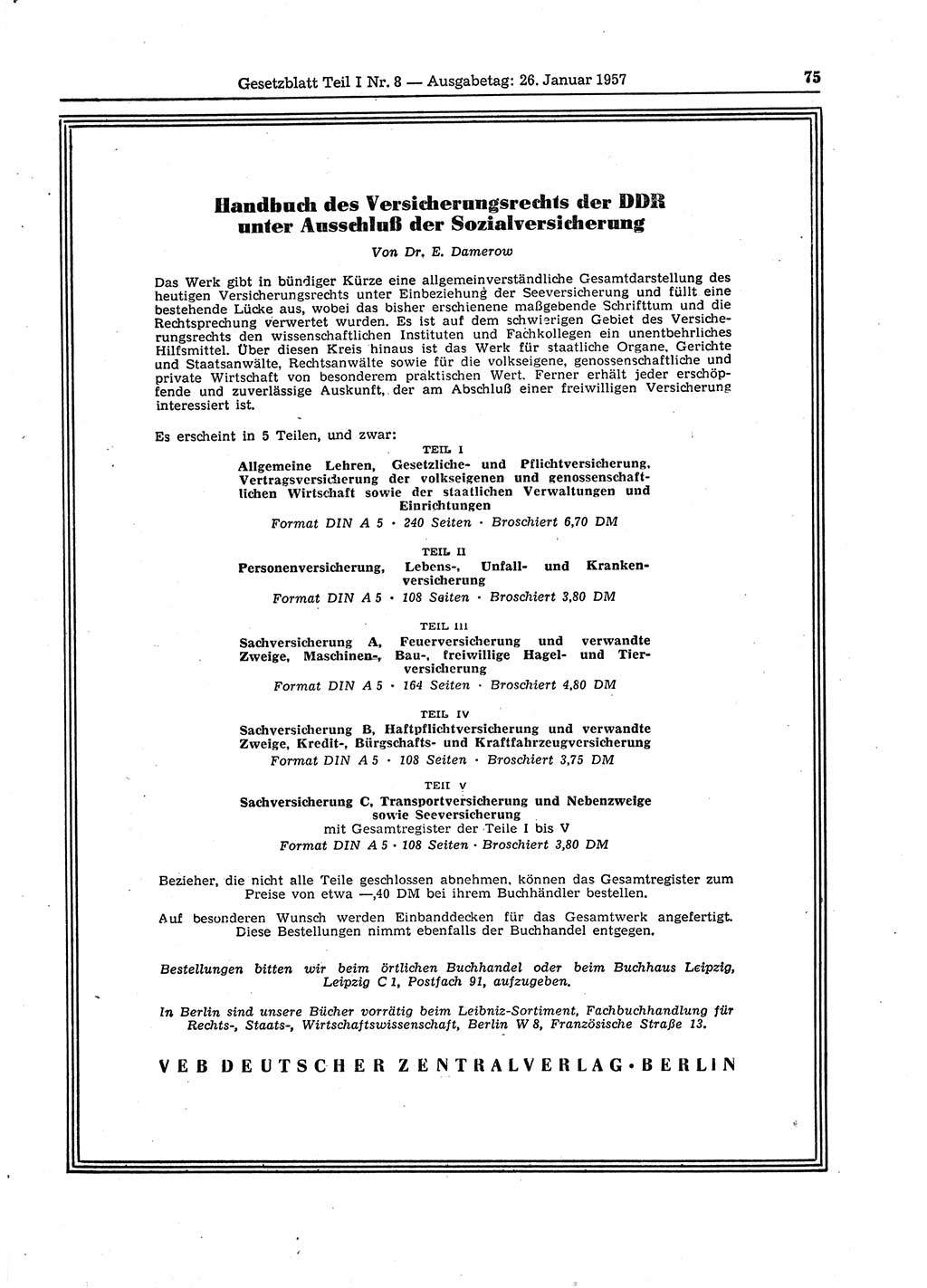 Gesetzblatt (GBl.) der Deutschen Demokratischen Republik (DDR) Teil Ⅰ 1957, Seite 75 (GBl. DDR Ⅰ 1957, S. 75)