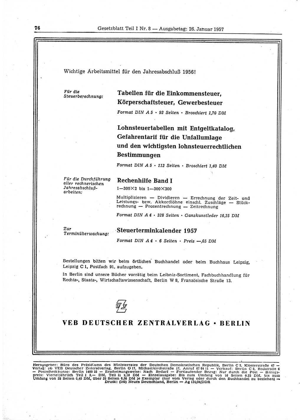 Gesetzblatt (GBl.) der Deutschen Demokratischen Republik (DDR) Teil Ⅰ 1957, Seite 76 (GBl. DDR Ⅰ 1957, S. 76)