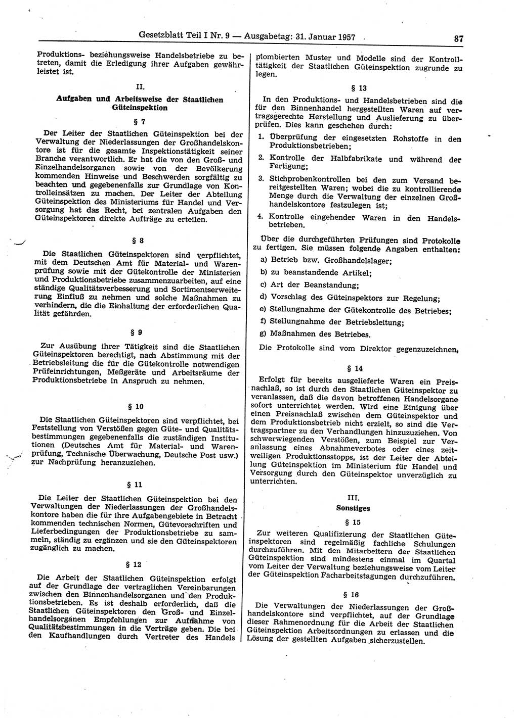 Gesetzblatt (GBl.) der Deutschen Demokratischen Republik (DDR) Teil Ⅰ 1957, Seite 87 (GBl. DDR Ⅰ 1957, S. 87)