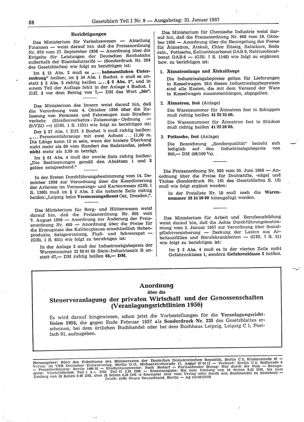 Gesetzblatt (GBl.) der Deutschen Demokratischen Republik (DDR) Teil Ⅰ 1957, Seite 88 (GBl. DDR Ⅰ 1957, S. 88)