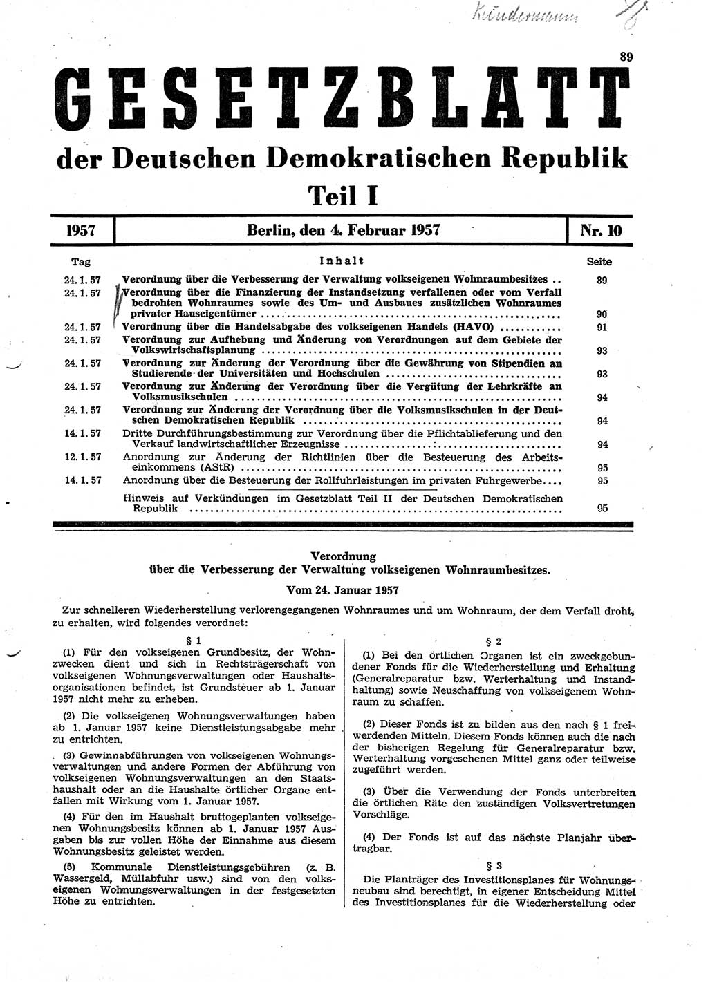 Gesetzblatt (GBl.) der Deutschen Demokratischen Republik (DDR) Teil Ⅰ 1957, Seite 89 (GBl. DDR Ⅰ 1957, S. 89)