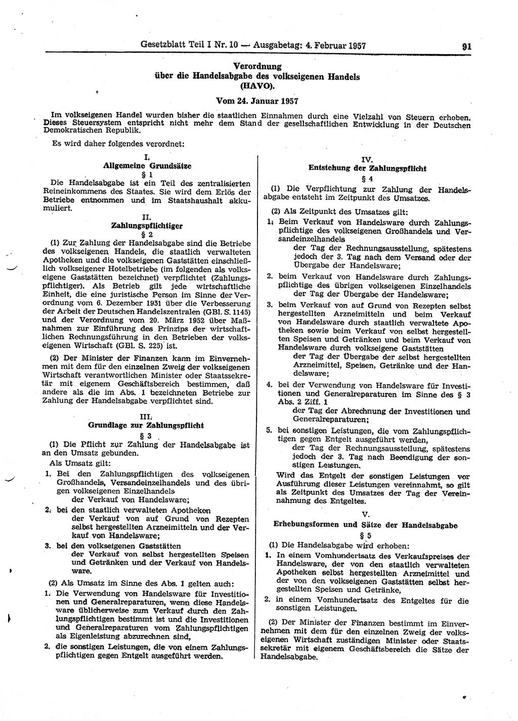 Gesetzblatt (GBl.) der Deutschen Demokratischen Republik (DDR) Teil Ⅰ 1957, Seite 91 (GBl. DDR Ⅰ 1957, S. 91)