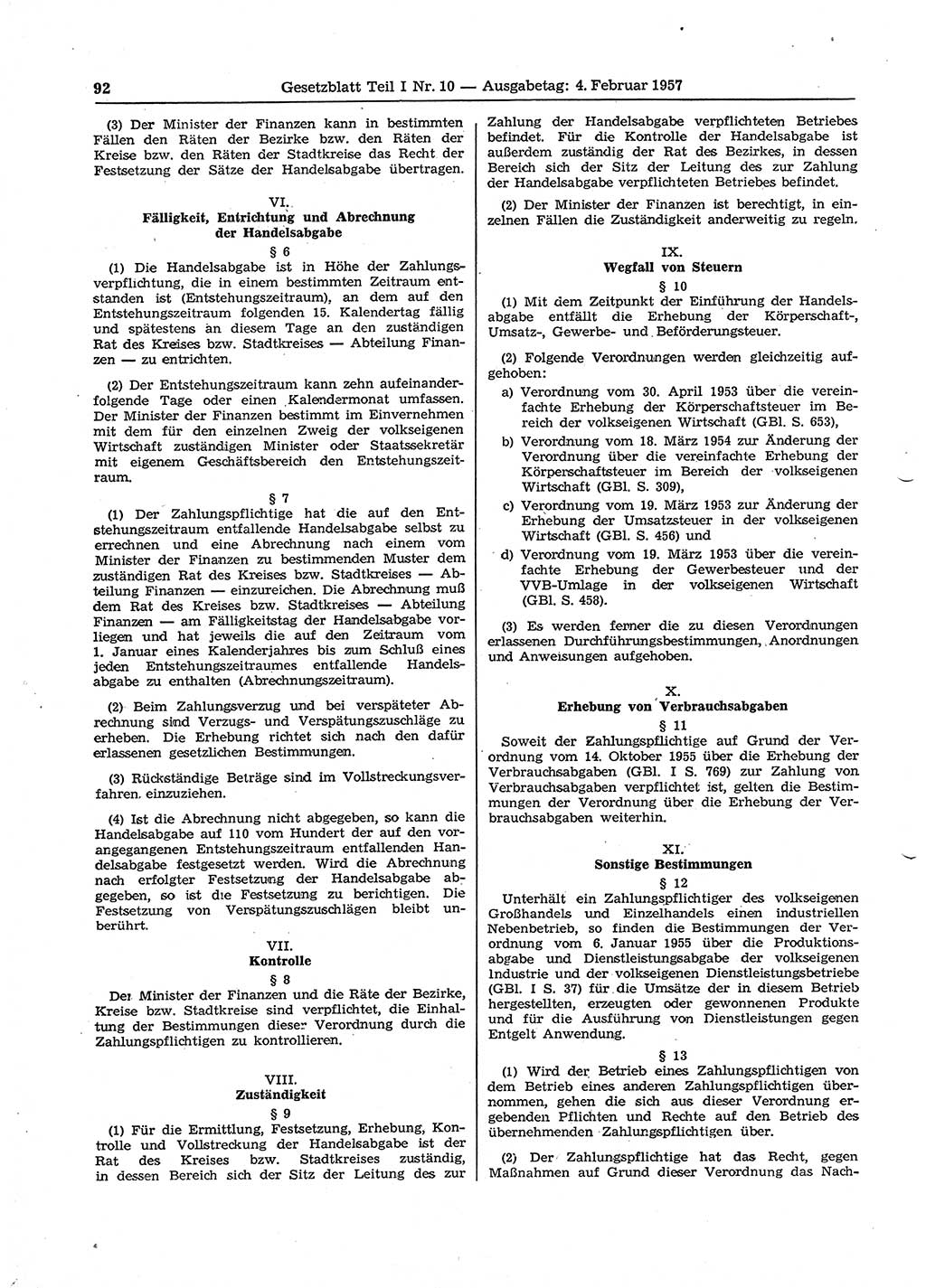 Gesetzblatt (GBl.) der Deutschen Demokratischen Republik (DDR) Teil Ⅰ 1957, Seite 92 (GBl. DDR Ⅰ 1957, S. 92)