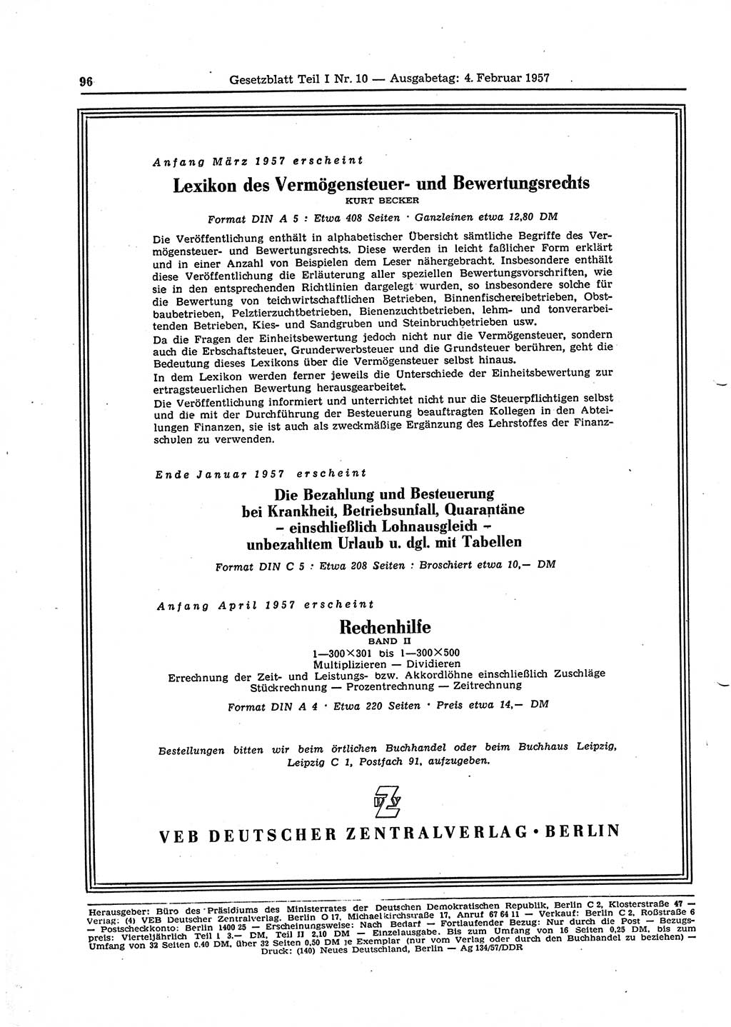 Gesetzblatt (GBl.) der Deutschen Demokratischen Republik (DDR) Teil Ⅰ 1957, Seite 96 (GBl. DDR Ⅰ 1957, S. 96)