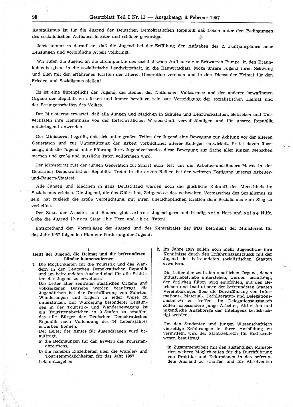 Gesetzblatt (GBl.) der Deutschen Demokratischen Republik (DDR) Teil Ⅰ 1957, Seite 98 (GBl. DDR Ⅰ 1957, S. 98)
