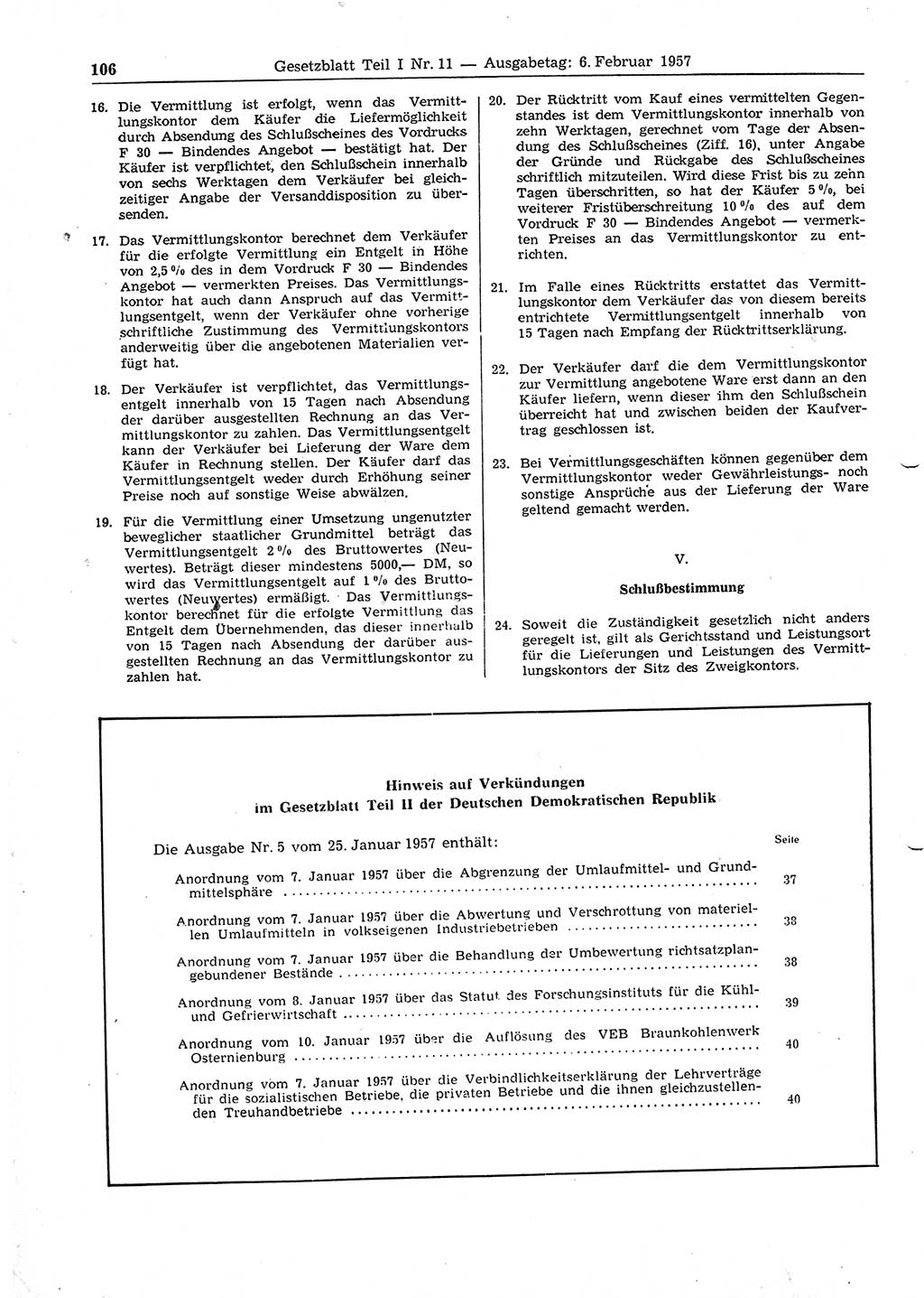 Gesetzblatt (GBl.) der Deutschen Demokratischen Republik (DDR) Teil Ⅰ 1957, Seite 106 (GBl. DDR Ⅰ 1957, S. 106)