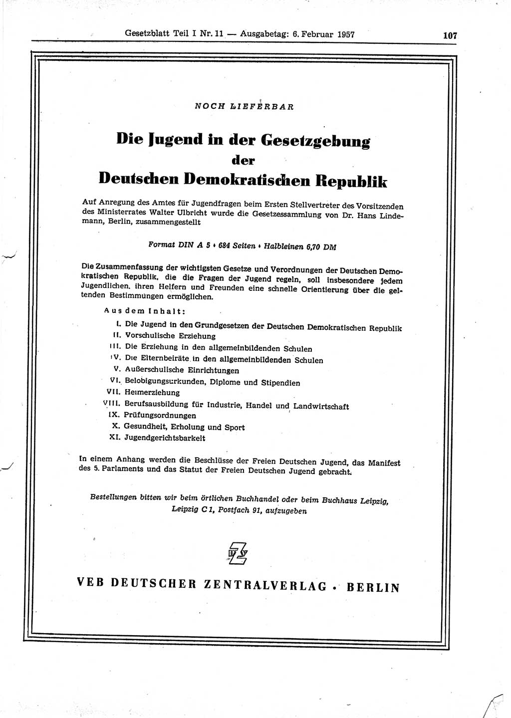 Gesetzblatt (GBl.) der Deutschen Demokratischen Republik (DDR) Teil Ⅰ 1957, Seite 107 (GBl. DDR Ⅰ 1957, S. 107)